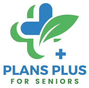 Plans Plus for Seniors logo with leaf and plus sign in green and blue.