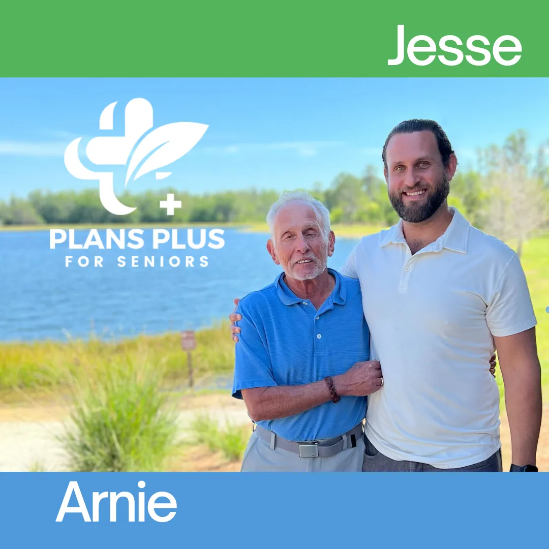 Plans Plus for Seniors' medicare specialists, Arnie & Jesse, outdoors by a lake.